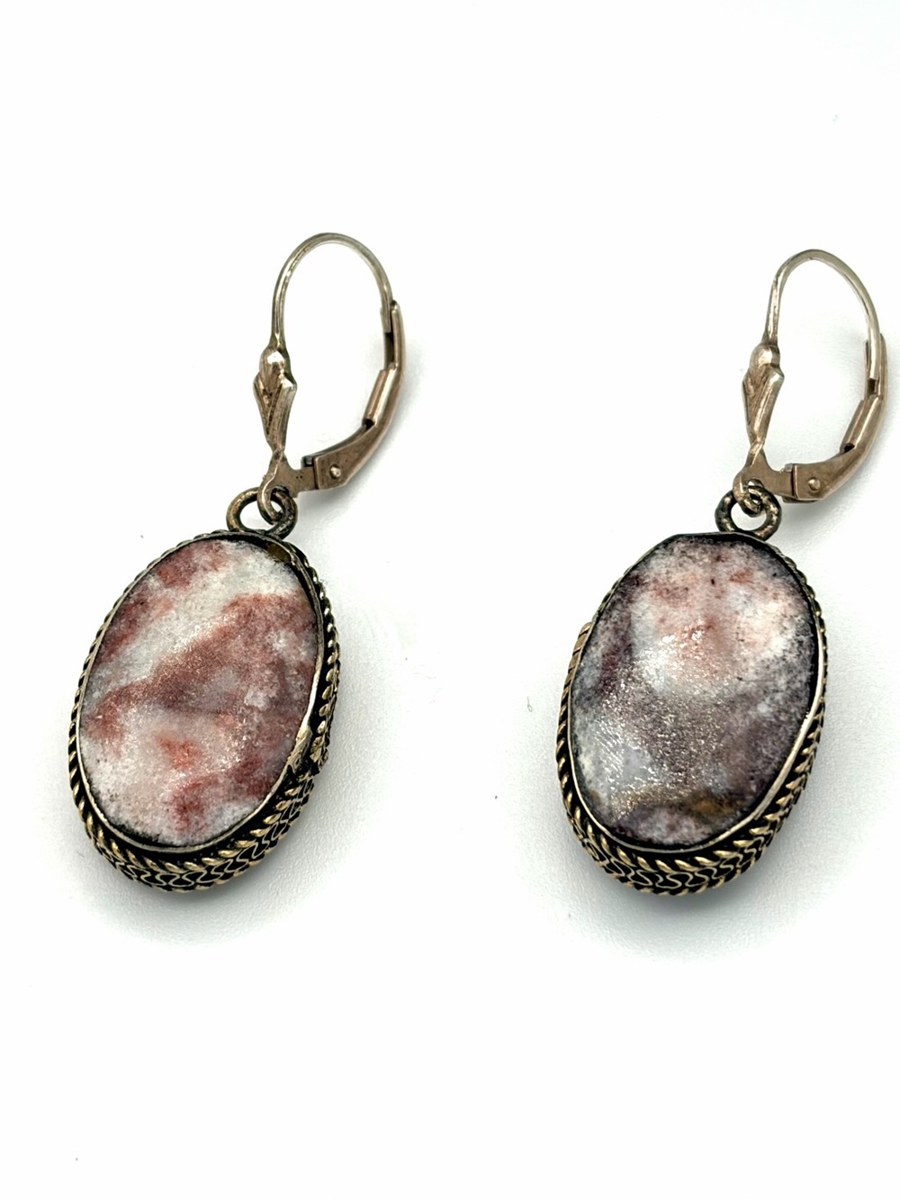 Coconut Jaspar, Sterling Silver Drop Earrings Filigree Frame, Pink Brown Stone